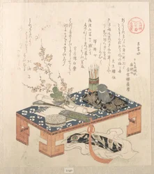 „Psací stůl s psací soupravou a švestkovými květy“, ze série Kalendáře Ise pro skupinu Asakusa (Asakusa-gawa Ise goyomi). Ze sbírky Jarní déšť (Harusame shū), sv. 2