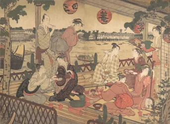 Dva mladí muži a několik žen na večeři v čajovně na břehu řeky Sumida, ca. 1788.