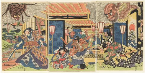 Minamoto no Yorimitsu a jeho strážci porážejí zemního pavouka, asi 1804-1818 (dřevoryt (nishiki-e); tuš a barva na papíře)