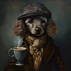 Viljelty villakoira juo kupillisen teetä, yllään villakaula ja litteä lippalakki, savuinen tausta 1