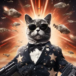 Elokuvajuliste kissasta, jolla on mustavalkoinen pilkkupaita ja kiiltävät aurinkolasit, taustalla räjähdyksiä ja tykkejä 4