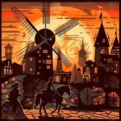 Pozadí Don Quijote zcela vpravo na svém oslu malém jako stín, před větrnými mlýny, vhodné pozadí 4