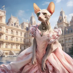 Kočka Sphynx v plesových šatech na pozadí nádherného paláce ve středověkém stylu 2
