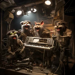 strašidelní, chlupatí, zlomení zvířecí animatronici předvádějící hudbu na pódiu 4