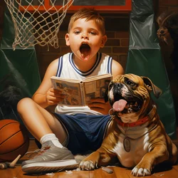 10letý chlapec drží složku a jeho pes 4