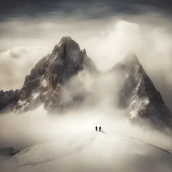 Dva lidé lyžují přes zataženou horu 2