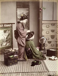 Kadeřnictví, Japonsko, cca 1880 (ručně barevný tisk na kartonu)