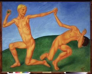 Garcons jouant. (nudite et homosexualite). Peinture de Kuzma Sergeyevich Petrův Vodkin (Petrov-Vodkin) (Kouzma Petrův Vodkine) (Petrov-Vodkine) (1878-1939), huile sur toile