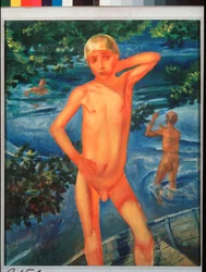 Chlapci koupání. Malba Kuzmy Sergejeviče Petrova Vodkina (Petrov-Vodkin) (Kouzma Petrov Vodkin) (Petrov-Vodkin) (1878-1939), olej na plátně