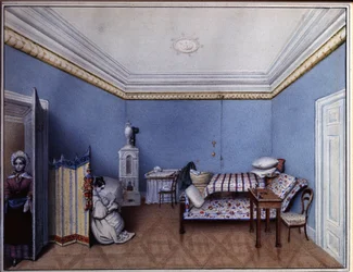""V ložnici"" Akvarel od L. Herna (19. století) 1835 A. Pushkin Memorial Museum, Petrohrad