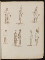 Osm studií stojících vojáků v uniformě s nápisem „Life Guards“