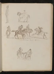 Voják v plné uniformě, studie mladíka s rybářským prutem na koni, čtyři muži na koních s nápisem „Piedmontese Cavalry Officers“
