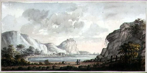 Krajina se dvěma postavami s výhledem na záliv, cca 1825 (akvarel na papíře)