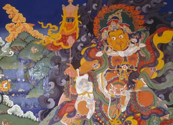 Freska zobrazující barevná božstva, buddhistický klášter Lamayuru (Lamayuru Gompa), Himaláje, okres Ladakh, stát Džammú a Kašmír, Indie