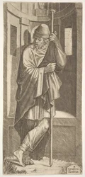 Svatý Jakub Major opřený o tyč před výklenkem, levou nohu zkříženou přes pravou, z..., 1545.