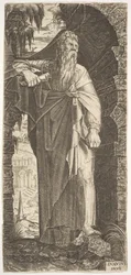Svatý Pavel stojící pod zarostlým obloukem, levá noha opřená o skálu, pravá ruka..., 1545.