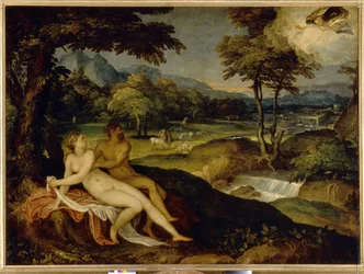 Jupiter a Io. Obraz Lamberta Sustrise (1515 nebo 1520 - po 1591), olej na plátně, mezi 1558 a 1563. Italské umění (Benátky)
