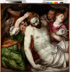 Pieta et anges (Pieta s anděly) Malba Lamberta Sustrise (1515-1584) 16. století Slunce 83x84 cm Musei di Strada Nuova Genes