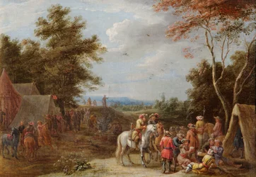 Encampment with Soldiers Playing Cards, cca 1660 (olej na plátně)
