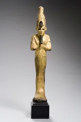 Osiris, pozdní dynastické období, 664-332 př.nl (zlacené dřevo s bronzovou intarzií)