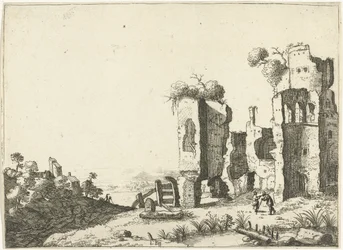 Muž se opíral o hůl před ruinou Krajiny se starověkými římskými budovami (název série)