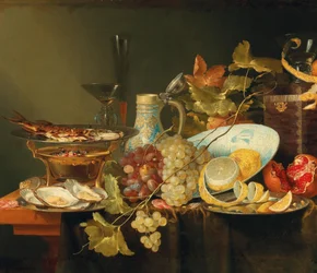 Zátiší s ovocem, čínskou porcelánovou miskou a rybou na kamnech