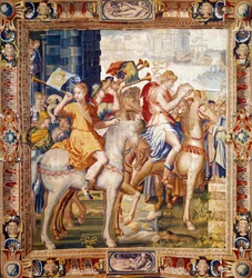 Herauti na koni. Opona z historie Artemise. Vlněný a hedvábný gobelín vyrobený Laurentem Guyotem (1756-1806) a Henrim Lerambertem (asi 1540/1550-1608) v dílnách faubourga Saint Marcel (1601-vers1670). Paříž 17. století, národní nábytek