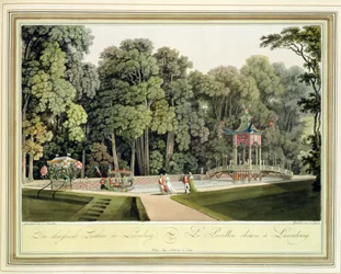 Čínský pavilon v zahradách Laxenburgu ve Vídni, vyryto Johannem Zieglerem (asi 1750-asi 1812)