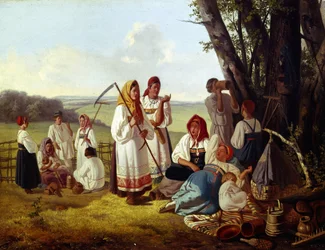 Odpočinek v době sklizně. Skupina rolníků v kroji jí a hasí žízeň se svými dětmi ve stínu stromů. Obraz Lavr Kuzmich Plakhov (1810-1881), olej na plátně, kolem roku 1840. Ruské umění