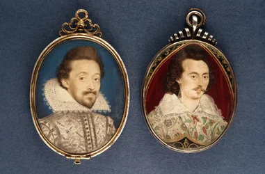 Vlevo: Portrét mladého muže od Lawrence Hilliarda, asi 1620. Vpravo: Nicholas Hilliard (1547-1619), kolem roku 1585.