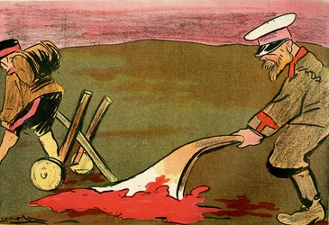 The Plow of Civilization - Ruští vojáci brázdí zkrvavená bojiště. 1904 (litho)