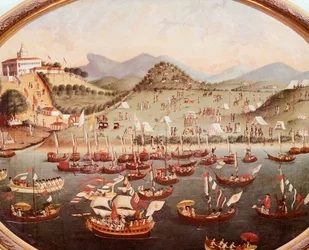 Průvod lodí na vodě před nemocnicí Lazares, Rio de Janeiro