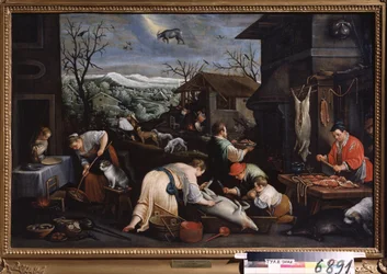 ""Měsíc prosinec"" (prosinec) Prasata jsou poražena. Symbol znamení Kozoroha na obloze. Obraz Leandra Bassano da Ponte (1557-1622) 1595-1600 Státní muzeum umění Tula Rusko