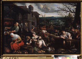 ""Měsíc listopad"" (listopad) Žena peče kaštany, jiná připravuje husy. Symbol znamení střelce na obloze. Obraz Leandra Bassano da Ponte (1557-1622) 1595-1600 Státní muzeum umění Tula Rusko