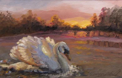Swan at Sunrise, 2016, (olej na papíře)