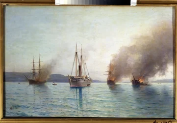 Ruský torpédový člun velkovévoda Konstantin ničí turecké lodě u Bosporu 1877 (Ruský torpédový člun Tender velkovévoda Konstantin ničí turecké lodě u Bosporu 1877). Námořní bitva války mezi Rusy