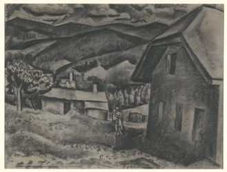 Krajina s ženou s dítětem před domem