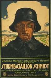útočný prapor Schmidt; Němečtí muži otřásají vaší vlastí! 1919 (barevná litografie)