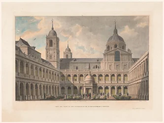 Zicht op de Courtyard evangelistů van het klášter San Lorenzo de El Escorial Pohled na nádvoří evangelistů R. kláštera S. Lorenzo (titul na objektu)