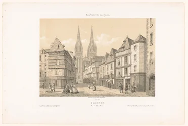Pohled na Rue Kéréon a katedrálu v Quimper Quimper. Vue de la rue Kerion (název na objektu) Současná Francie (název série) La France de nos jours (název série na objektu)
