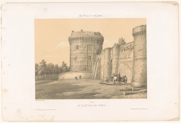 Pohled na jednu z věží hradu Dinan Le château de Dinan (název na objektu) Současná Francie (název série) La France de nos jours (název série na objektu)