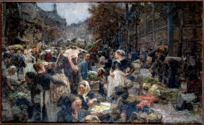 Síně. Dav na Marche des Halles v Paříži v 19. století. Skica Leon Augustin Lhermitte (1844-1925)