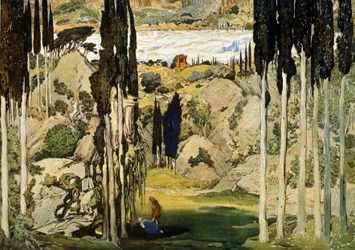 Scénografie k baletu Maurice Ravela (1875-1937) Dafnis a Chloe. Obraz Leona Baksta (1866-1924). Akvarel a kvaš na papíře, 74 x 103,5 cm.