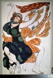 Dva beotienne, kostým pro balet ""Narcisse"" od Nikolaje Tcherepnina (Nicolas Tcherepnin) (1873-1945) (Dva beotienne, kostýmní návrh pro balet Narcisse od N. Tcherepnina). Kresba Leona Baksta (1866-1924). Akvarel, kvaš, zlato a stříbro na pa