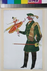 Angličan, kostým pro balet la boutique Fantasque od Gioachina Rossiniho - Dílo Leona Baksta (1866-1924), litografie 1919 - (Návrh kostýmů pro balet "The Magic Toy Shop"" od Gioachina Rossiniho, od Leona Baksta, Barva litografie