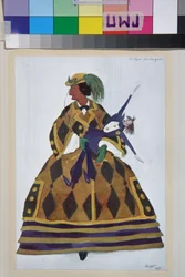 Angličanka, kostým pro balet la boutique Fantasque od Gioachina Rossiniho - Dílo Leona Baksta (1866-1924), litografie 1919 - (Návrh kostýmů pro balet "The Magic Toy Shop"" od Gioachina Rossiniho, Leon Bakst, Barva litografie