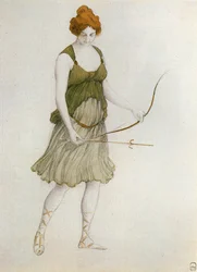 Nymphe chasseresse - Lovící nymfa;kostýmní skica k baletu Lea Delibese " Sylvia " (akvarel, tužka a bronz na papíře)