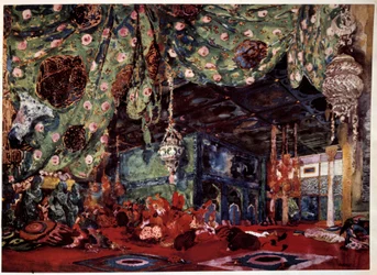 Scénografie Leon Bakst (1866-1924), ruský malíř a dekoratér pro operu "Šeherezáda" (Šeherezáda) od Nicholase (Nikolaje) Rimského Korsakova (Rimski-Korsakov) (1844-1908).