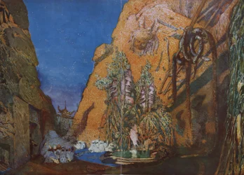 Scénický návrh pro Balet Blue God od R. Hahna, 1912