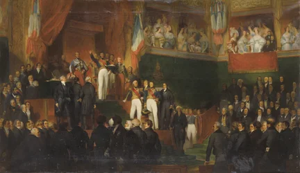 LOUIS-PHILIPPE (1773-1850) PŘÍSAHUJE UDRŽOVAT CHARTU Z ROKU 1830 V PŘÍTOMNOSTI KOMOR, 9. SRPNA 1830 obraz Leon-JEAN-BASILLE PERRAULTA A JEHO ATELIÉR - Louis-Philippe I. jako král složil přísahu Poslanecká sněmovna, 9. srpna 1830 pa